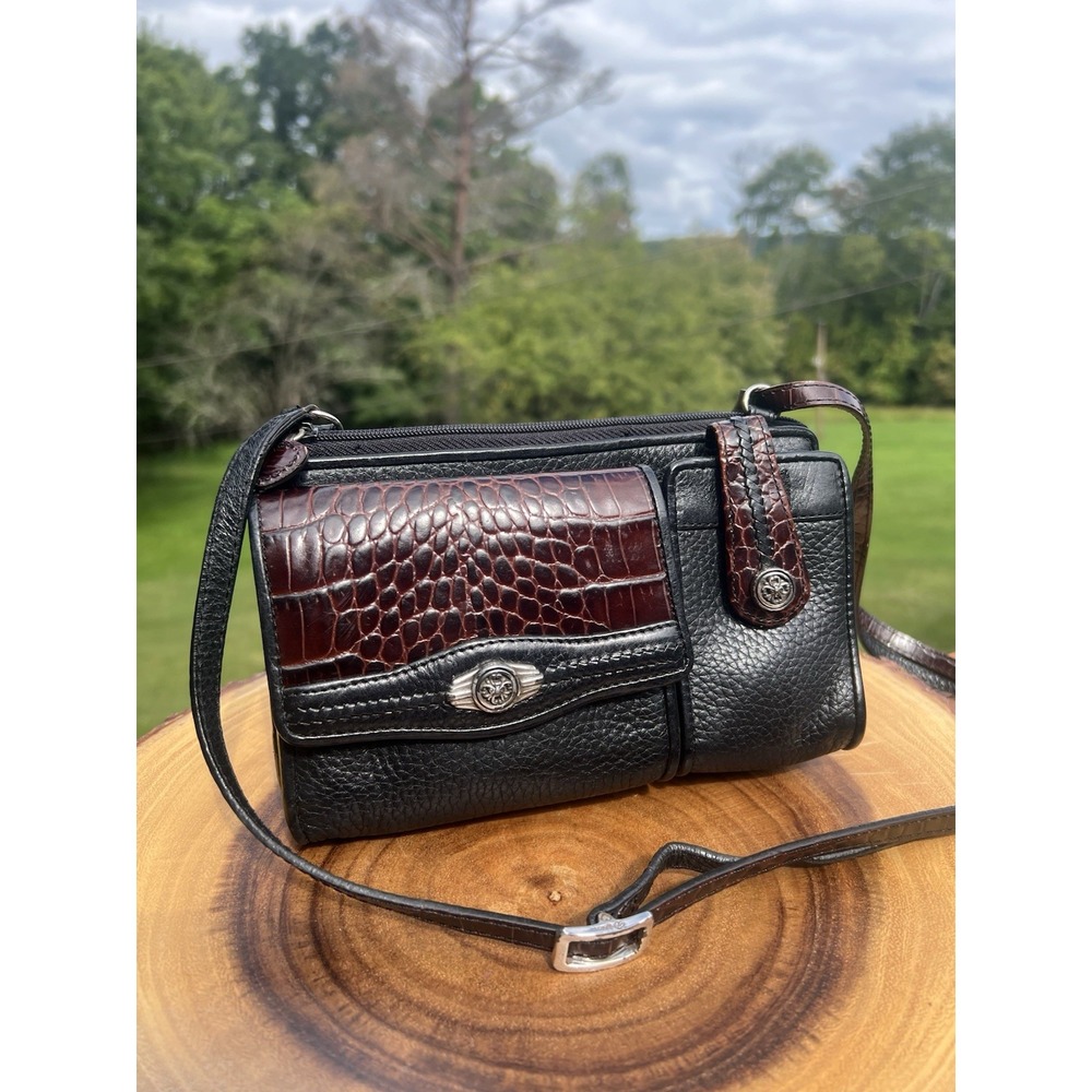 Brighton Nepal Organizer Crossbody Bag Black Burgundy Croc Leather Vintage Small